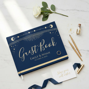 Livre D'or Céleste Bleu Or Soleil Lune Étoiles Mariage