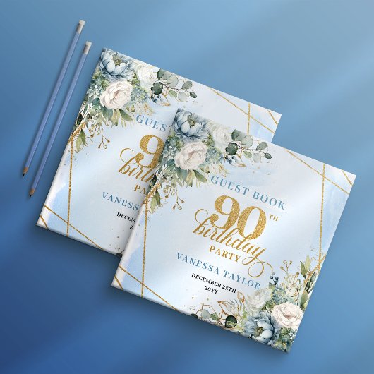 Livre D'or Charming Pastel Blue Gold 90th Birthday Sign In