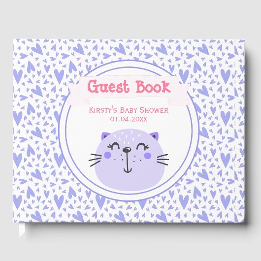 Livre D'or Chat mignon pourpre | Lilac Hearts Baby shower (Recto)