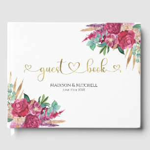Livre D'or Chaud rose Magenta Floral Élégant Gold Script Coeu