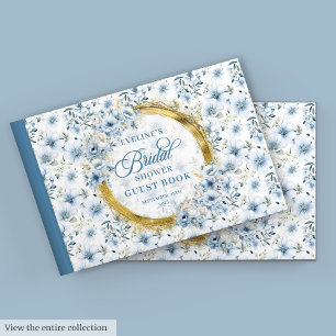 Livre d'or chic bohème bleu poudré floral doré
