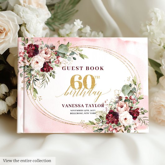 Livre D'or Chic Boho Burgundy Gold Frame Floral 60th Birthday