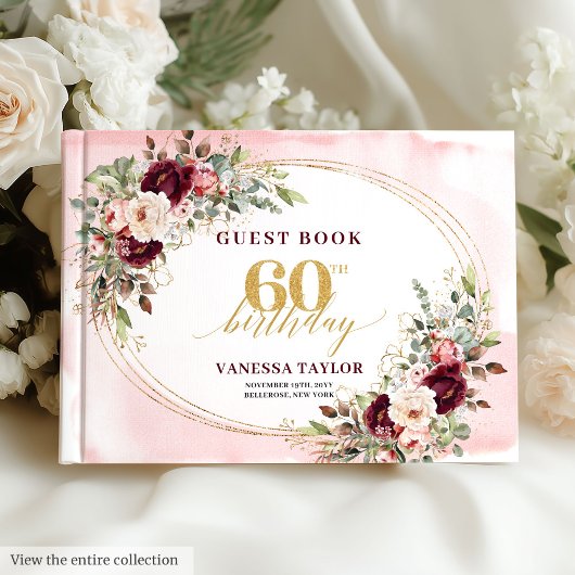 Livre D'or Chic Boho Burgundy Gold Roses 60th Birthday Book