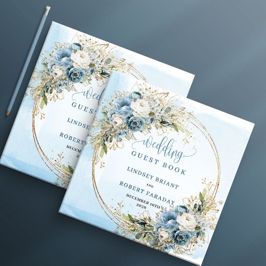 Livre D'or Chic Light Blue Floral Gold Glitter Boho Wedding