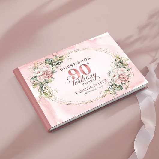 Livre D'or Classic Rose Gold Floral Greenery 90th Guest Book