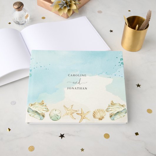 Livre D'or Coastal Ocean Shells Destination Beach Wedding (Recto ouvert)