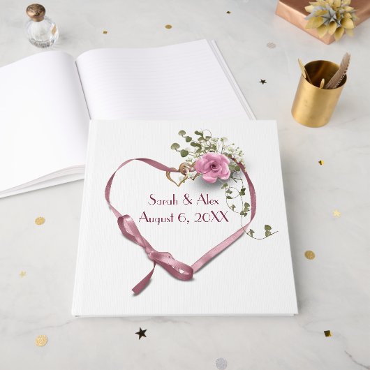 Livre D'or Coeur de ruban rose avec Rose (Recto ouvert)