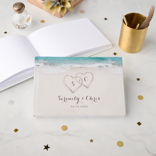 Livre D'or Coeurs dans le sable destination mariage plage (Recto ouvert)