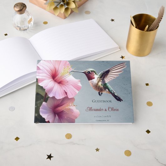 Livre D'or Colibri et Mariage d'Hibiscus | Bleu (Recto ouvert)