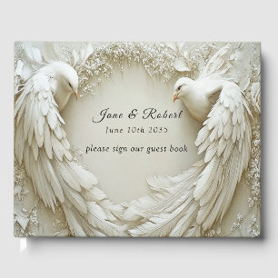 Livre D'or Colombe blanche de mariage aux roses à ailes ouver