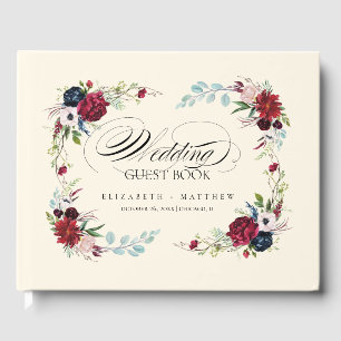 Livre D'or Crème Bourgogne Mariage Floral Bleu Marine