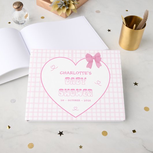 Livre D'or Cute Bow Pastel Pink Gingham Baby Shower (Recto ouvert)