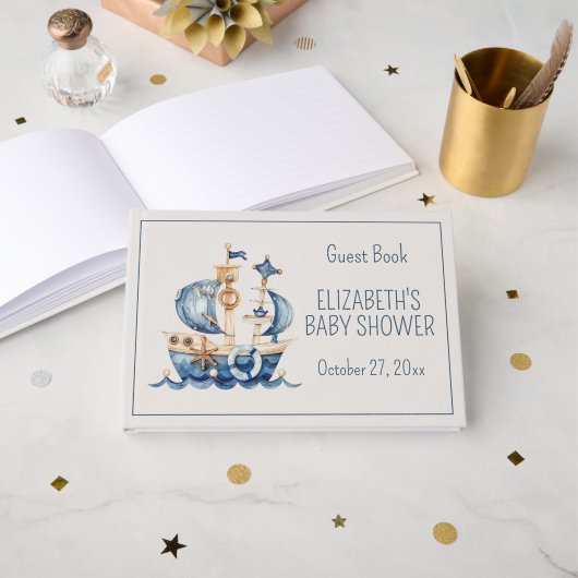 Livre D'or Cute Nautical Blue Sailing Ship Baby Shower (Recto ouvert)