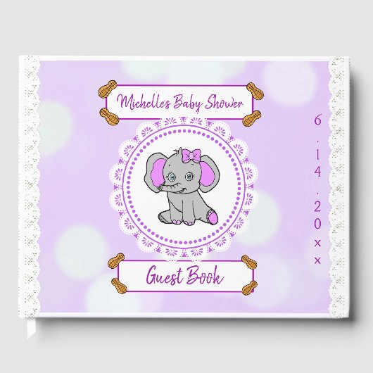 Livre D'or Cute Purple Elephant thème Baby shower de fille (Recto)