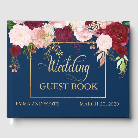 Livre d'or de mariage bordeaux marine or fleur (Recto)