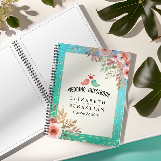 Livre d'or de mariage Fleurs roses modernes Teal P