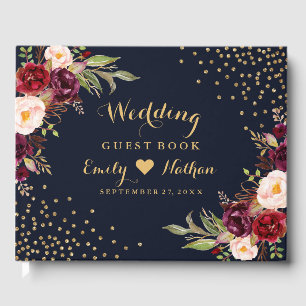 Livre d'or de mariage floral bordeaux marine