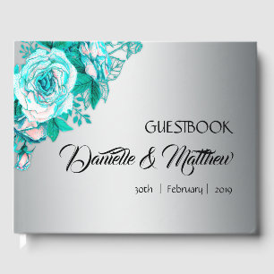 Livre d'or de mariage Roses aqua et Argent