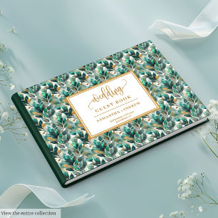 Livre d'or de mariage vert forêt doré avec feuille