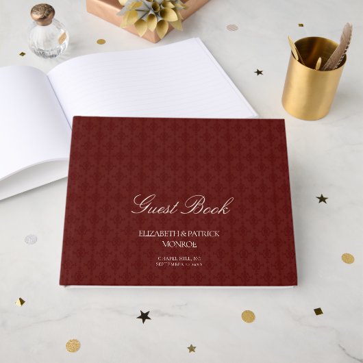Livre D'or Deep Burgundy Formal Modern Classic Damask Wedding (Recto ouvert)