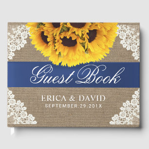 Livre D'or Dentelle de tournesol et Burlap Ruban bleu Mariage