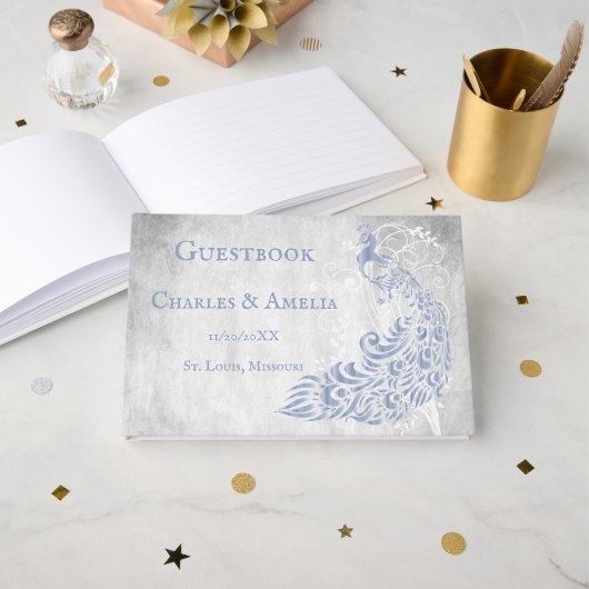 Livre d'or du Mariage Vin Peacock bleu clair (Recto ouvert)