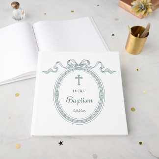 Livre D'or Dusty Blue Bow Cadre grec Baptême