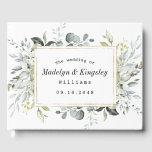 Livre D'or Dusty Blue et or Elegant Rustic Floral Mariage<br><div class="desc">Le design se compose d'un cadre géométrique imprimé en or élégant sur le devant avec des eucalyptus et des feuilles de verdure fleurie dans les tons vert,  bleu poussiéreux,  gris et plus.</div>