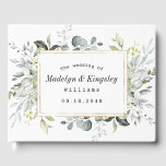 Livre D'or Dusty Blue et or Elegant Rustic Floral Mariage<br><div class="desc">Le design se compose d'un cadre géométrique imprimé en or élégant sur le devant avec des eucalyptus et des feuilles de verdure fleurie dans les tons vert,  bleu poussiéreux,  gris et plus.</div>