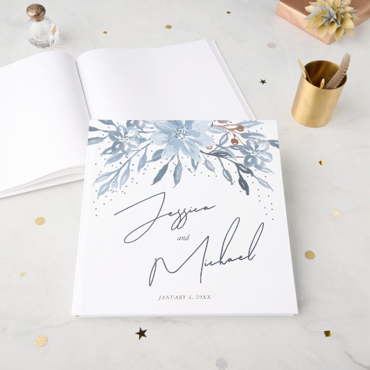 Livre D'or Dusty Blue Floral Chic Script hiver thème Mariage