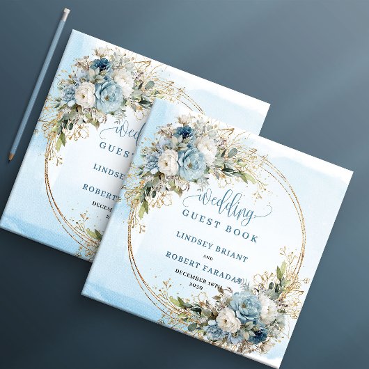 Livre D'or Dusty Blue Floral Greenery Gold Glitter Wedding 