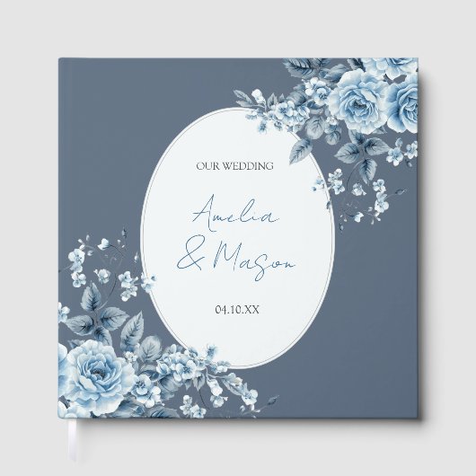 Livre D'or Dusty Blue Floral Script Elegant Wedding  (Recto)