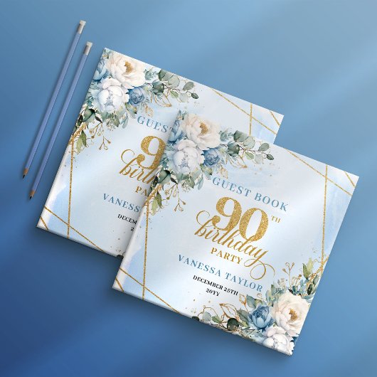 Livre D'or Dusty Blue Flowers Elegant Script 90th Birthday 