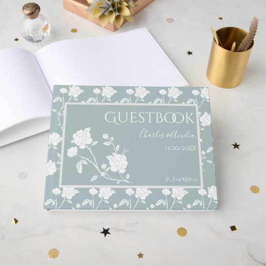 Livre D'or Dusty Blue Rose Wedding Guest Book (Recto ouvert)