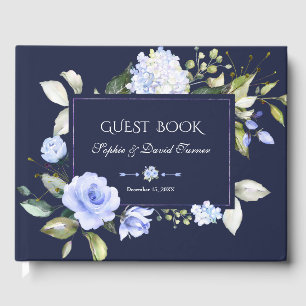 Livre D'or Elégant Aquarelle bleu Fleurs Cadre Mariage Marine