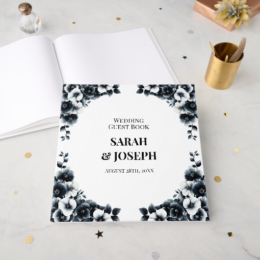 Livre D'or Elegant Black and White Floral Wedding (Recto ouvert)