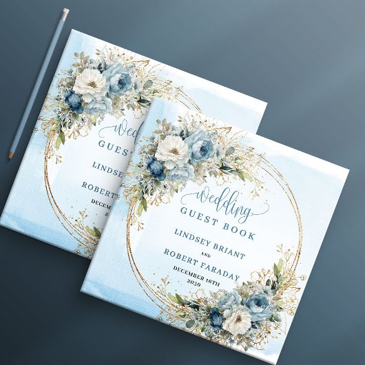 Livre D'or Elegant Blue Flowers Greenery Gold Guest Book