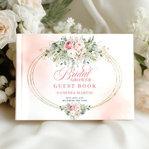 Livre D'or Élégant Boho Roses Fleurs Roses Vert Doré Mariage