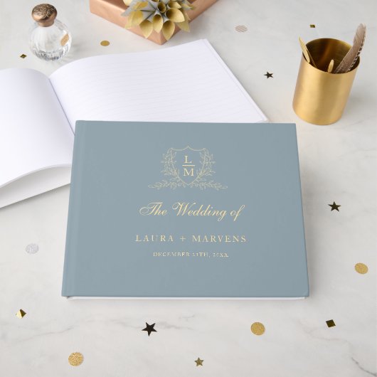 Livre D'or Elegant Dusty Blue & Gold Grest Monogram Wedding (Recto ouvert)