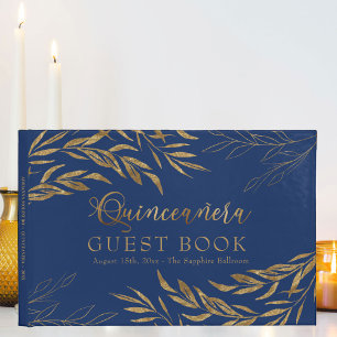 Livre D'or Élégant Feuillage Quinceanera Royal Bleu et Or