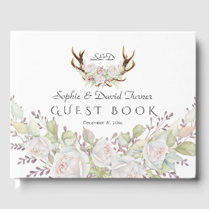 Livre D'or Elégant Fleurs blanches Antlers Monogram Mariage