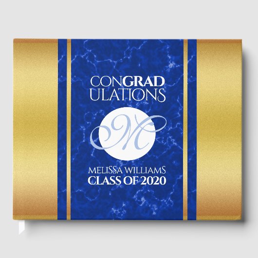 Livre D'or Élégant Graduation Monogramme Bleu Marbre Or Huile (Recto)