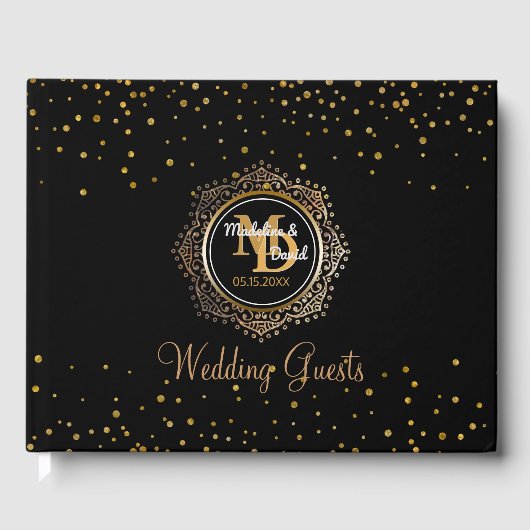 Livre D'or Élégant monogramme | Mariage Confetti en or noir (Recto)