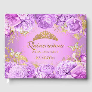Livre D'or Élégant Papillon Floral Violet Thème Quinceanera