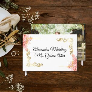 Livre D'or Elégant Rose Floral White Gold Frame Quinceañera