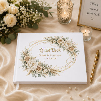 Livre D'or Elegant Roses d'Ivoire Perles Eucalyptus Mariage |