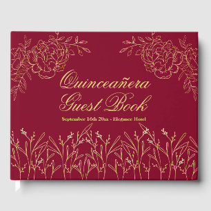 Livre D'or Élégante Quinceanera Florale Outline Burgundy Gold