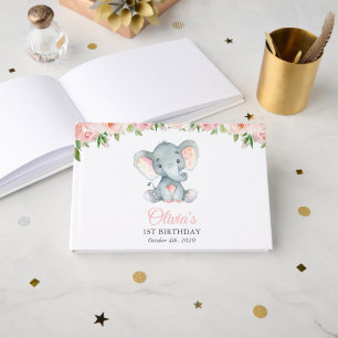 Livre D'or Éléphant, fleurs aquarelle rose, premier anniversa