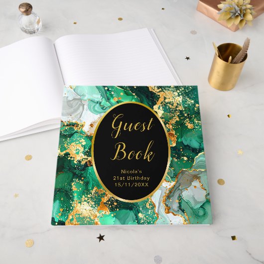 Livre D'or Emerald Green and Gold Marble Agate Birthday Party (Recto ouvert)