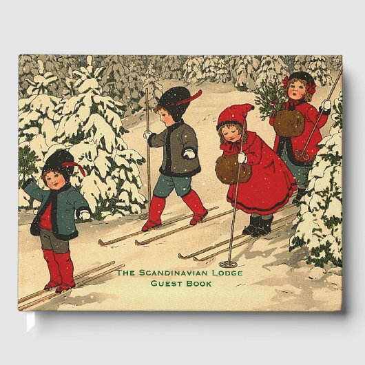 Livre D'or Enfants vintage skiant à travers une forêt enneigé (Recto)